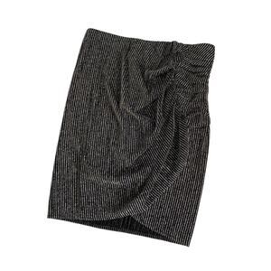 IRO Black & Silver Metallic Glitter Striped Ruched Side Skirt Size 40 Medium